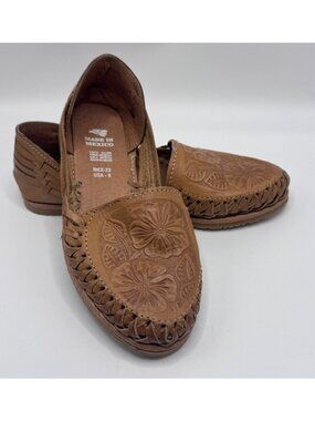 Huarache Sandals Handmade Mexico Sz 6 Womans Boho Leather Brown Slip On